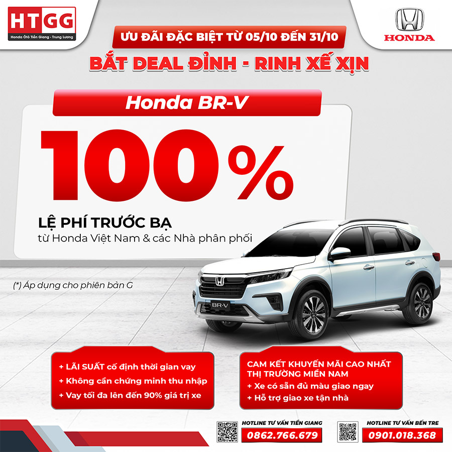 Honda BR-V G hỗ trợ 100% lệ phí trước bạ