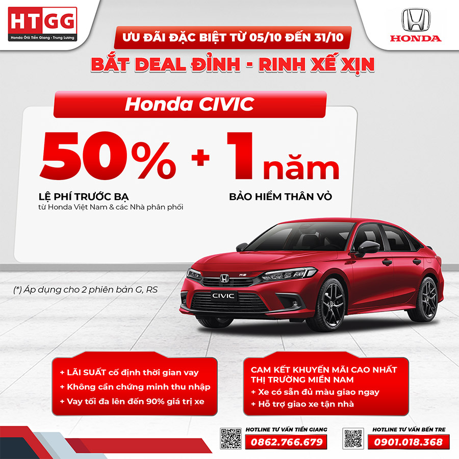 Honda Civic hỗ trợ 50% lệ phí trước bạ kèm 1 năm bảo hiểm thân vỏ